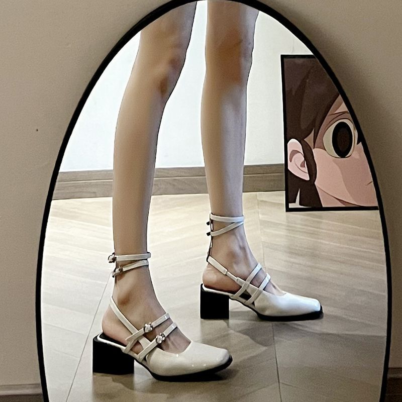 Fashion With Medium Heels Red Sandals for Women Buckles Summer 2024 Square White Ladies Shoes Footwear Daily Designer Chic and Elegant