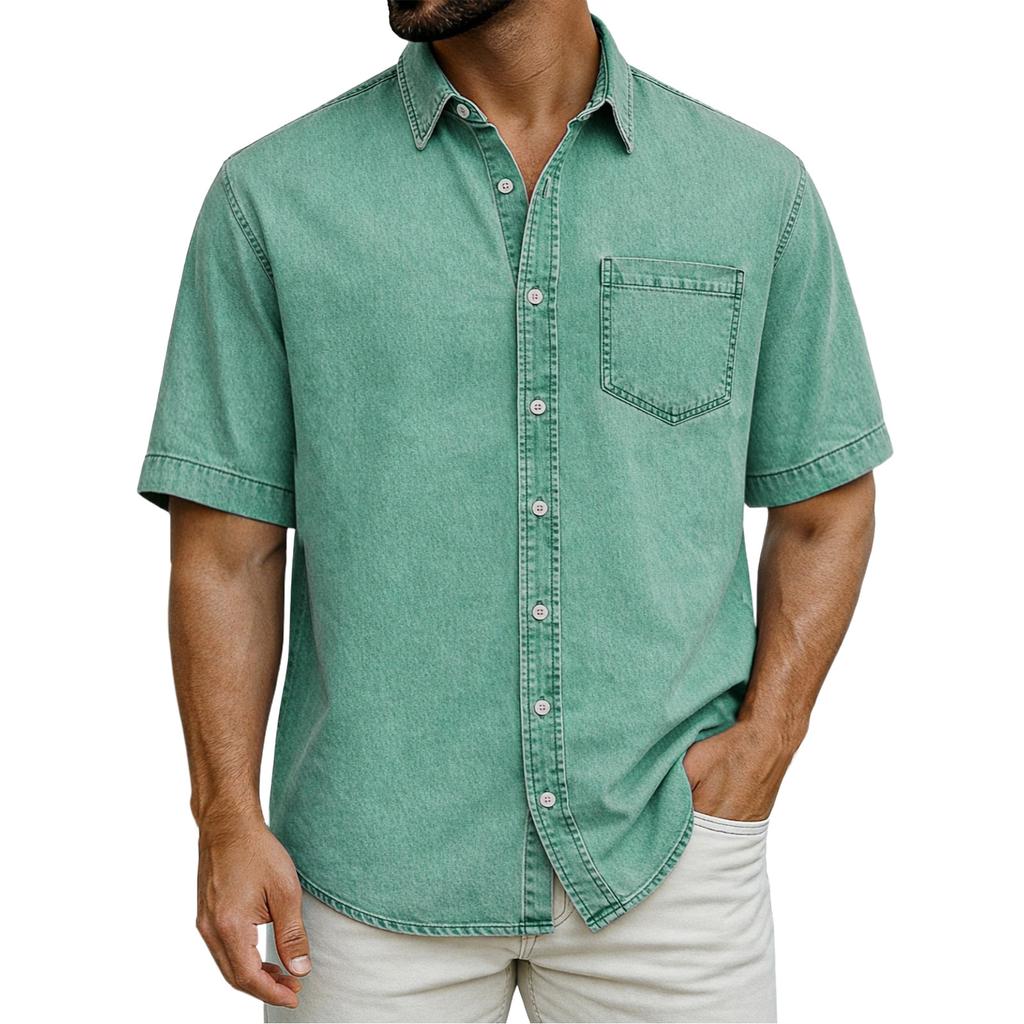 Men's Casual Loose Button-Down Collar Short-Sleeve Denim Shirt