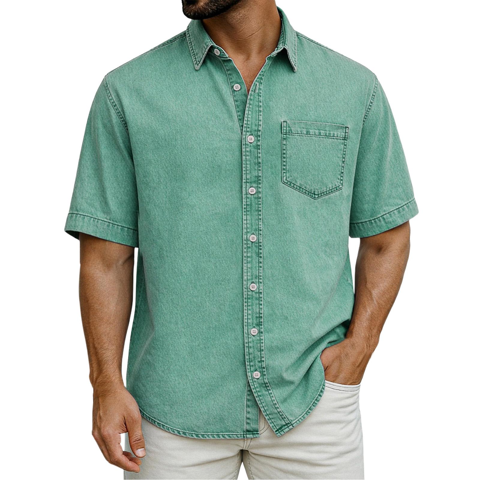 

Men s Casual Loose Button-Down Collar Short-Sleeve Denim Shirt XL зелений