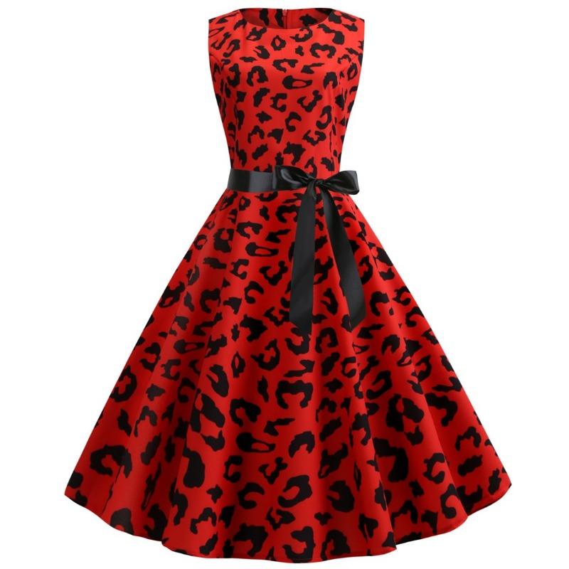 Retro supply, round neck sleeveless striped print black ribbon waist swing skirt five colors