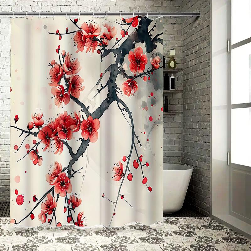 Title: Elegant Red Blossom Shower Curtain - Watercolor Floral Design Home Decor For Bathroom Suitable For Wet And Dry Separation