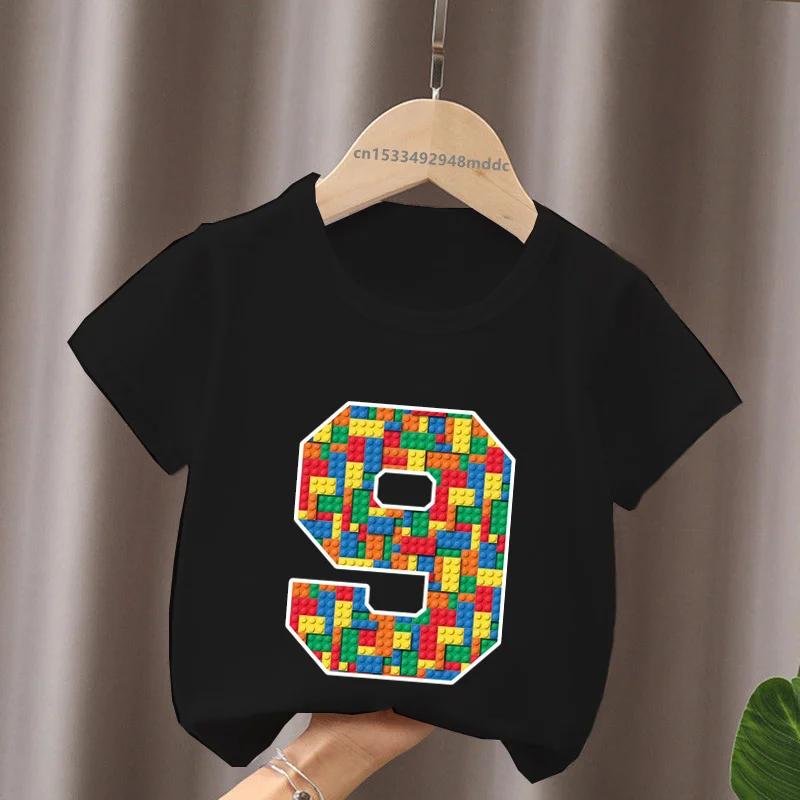 Cartoon Building Blocks Bricks Print Kids TShirt Number Tees for Boys And Girls Funny Birthday Baby Top 29 Years