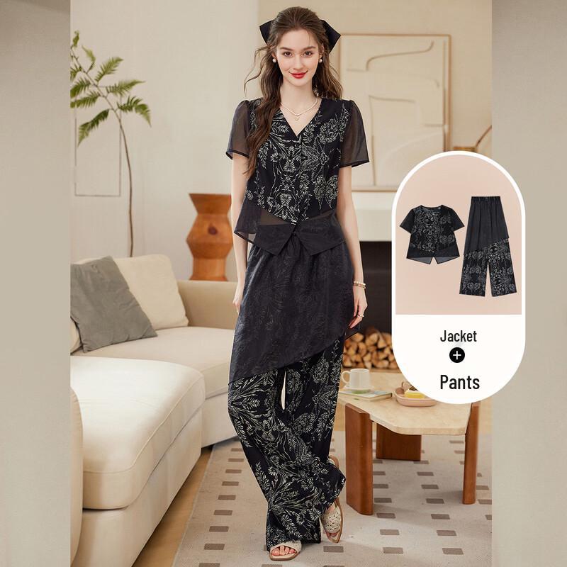 

Bailuyu Women s Vintage Floral V-Neck Two-Piece Summer Set M