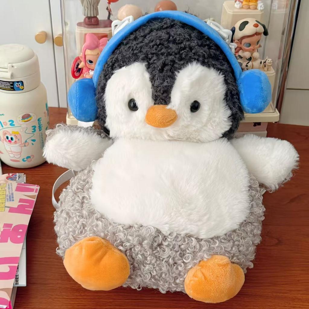 Women New Plush Cute Headphones Penguin Backpacks Girl Crossbody Bags Children Cartoon Schoolbags