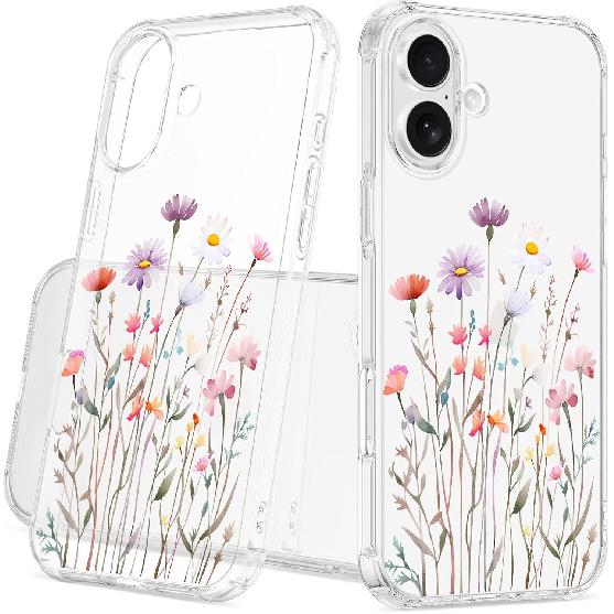 Floral Clear Case for iPhone 16 for Women Girls,Cute Flowers Design Phone Cover,Slim Soft Transparent Drop Proof Pretty Flower Print Pattern TPU