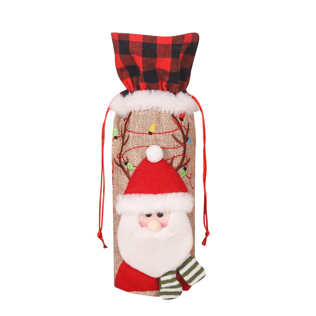 Christmas Supplies Christmas Red And Black Checkered Linen Red Wine Bottle Embroidered Christmas Doll Handbag