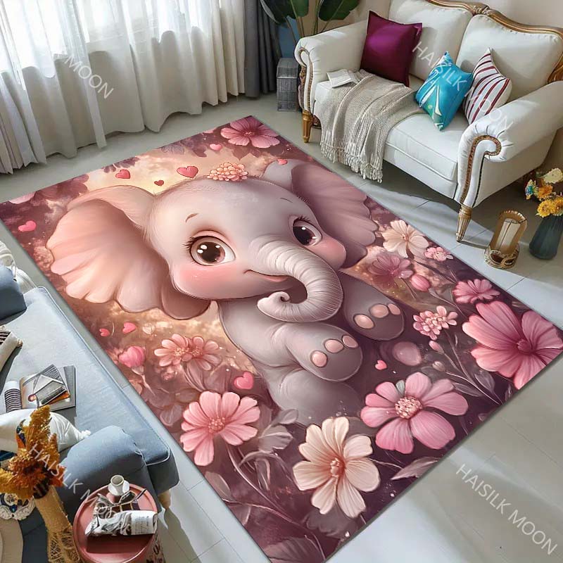 Dreamy Elephant Flowers Carpet for Living Room Bedroom Bedside Floor Mat Sofa Table Area Rugs Home Decor Large Size
