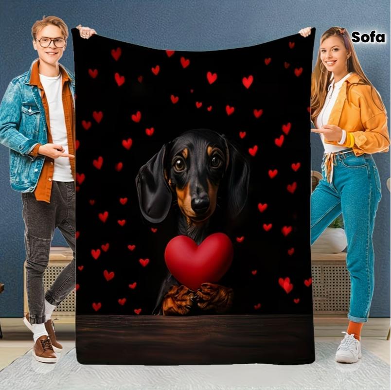 Cozy Retro Dachshund Heart-Themed Print Flannel Blanket Soft Warm, and Stylish for All Seasons Bed Office Ideal Holiday Birthday
