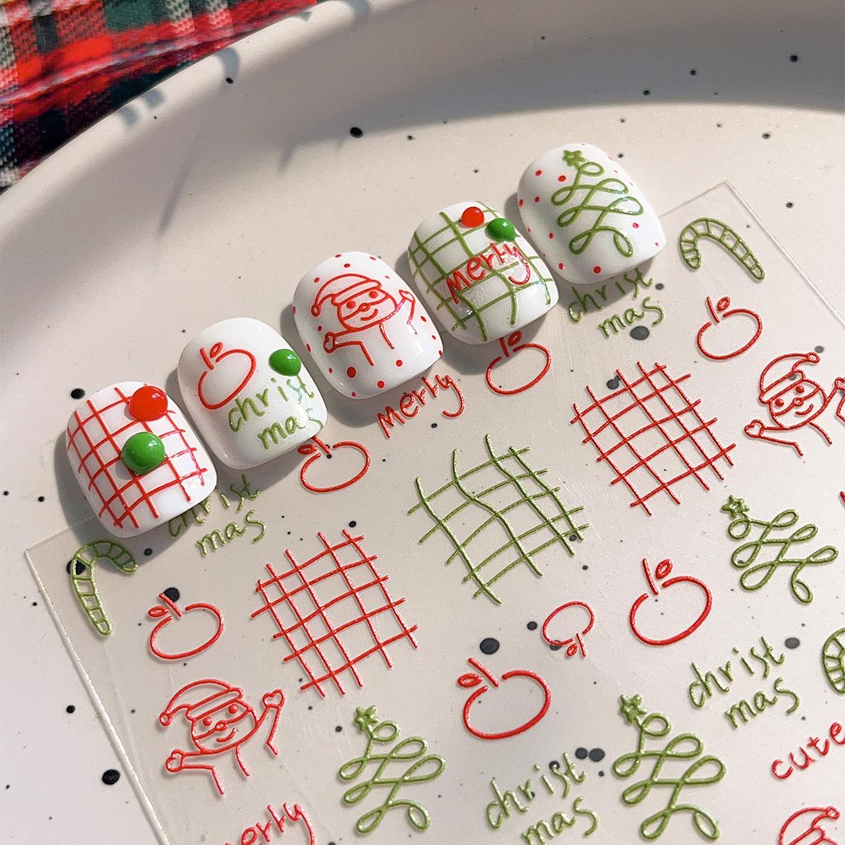 

YITU Embossed Christmas Nail Stickers - Exquisite Apple Lines & Plaid Self-Adhesive Decoration YT4851