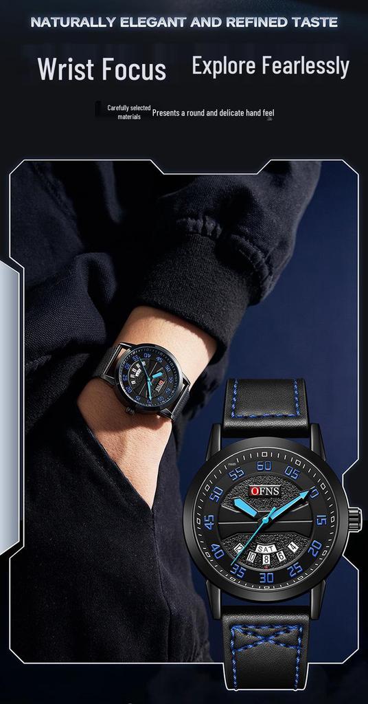 OFNS Men's Waterproof Quartz Watch with Double Calendar