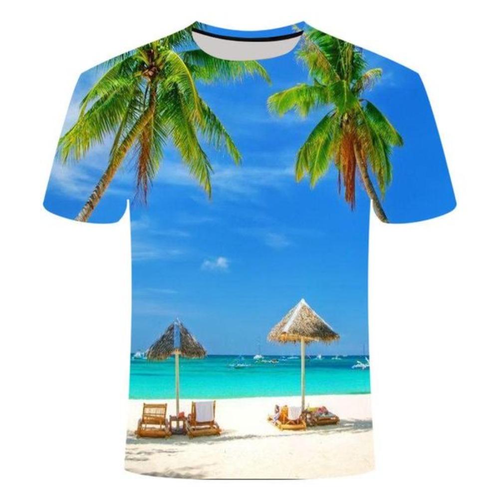 

Summer beach coconut tree surfing beach 3D printed casual men s round neck short sleeved T-shirt 6XL