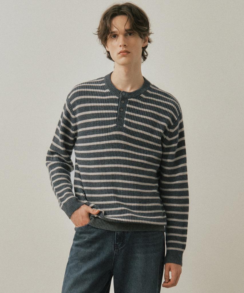 Wednesday Oasis Always Hairy Stripe Henley Neck Wool Knit 4 Colors (Wc25-Kn55)