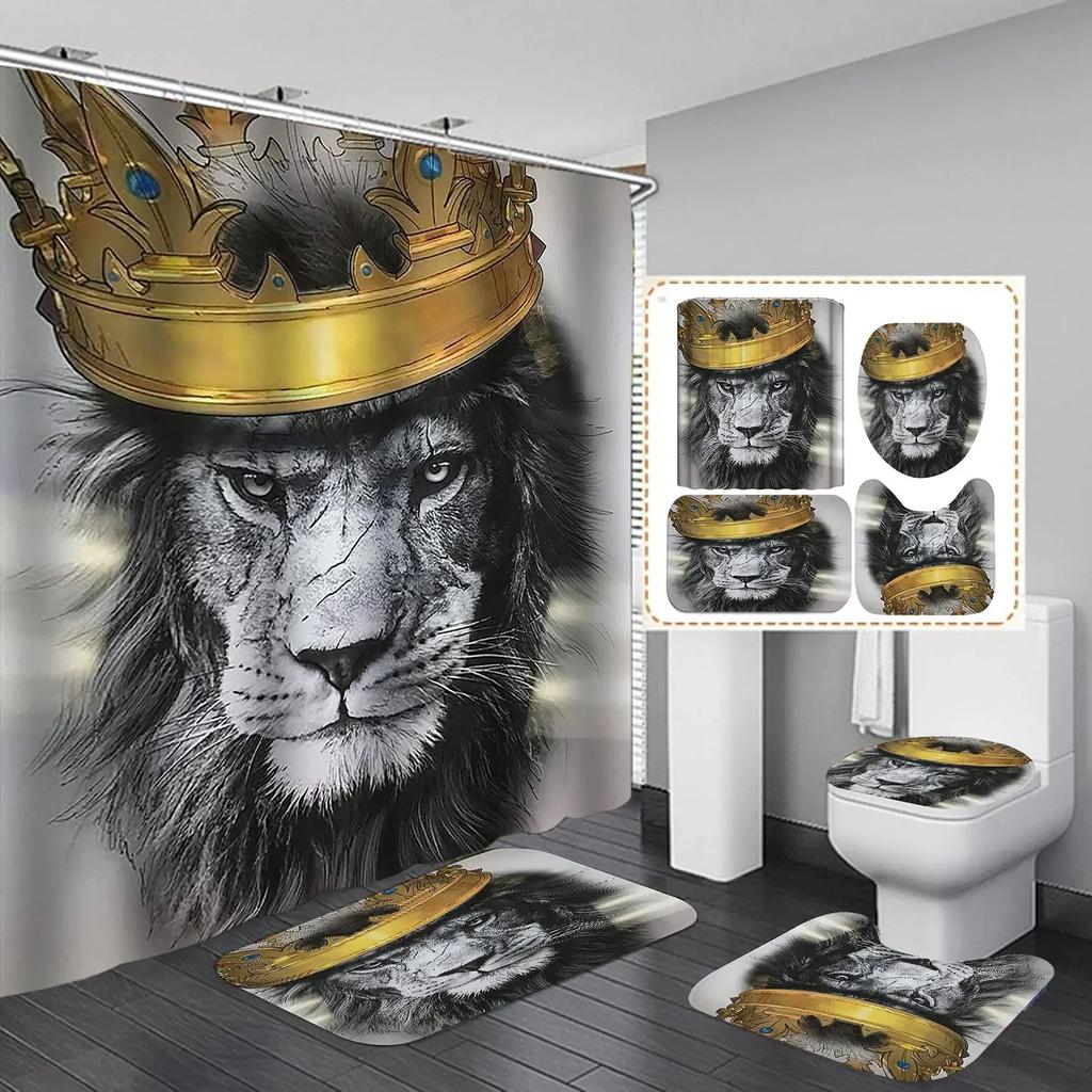 Black Tiger Animals Printed Shower Curtain Set Bathroom Bathing Screen Anti-Slip Toilet Lid Cover Carpet Rugs Kitchen Home Decor