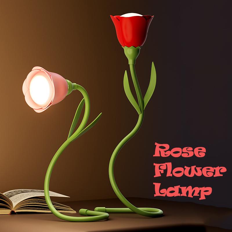 Dimmable Rose Flower Night Light New Bendable Rechargeable LED Desk Lamp with USB Charging Creative Bedroom Ambient Light Gift