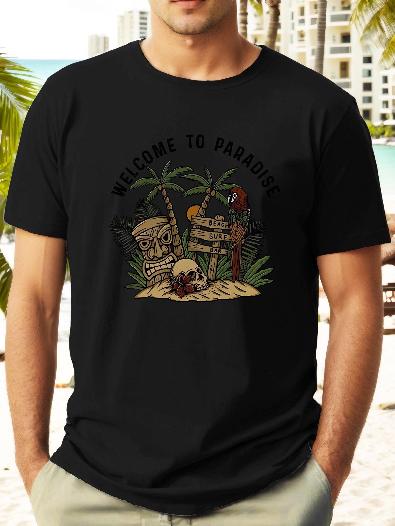 Tribal  Paradies  Graphic T-shirt - Vibrant Blue Casual Summer Short Sleeve Tee with Skull & Palm Tree Design XXXL