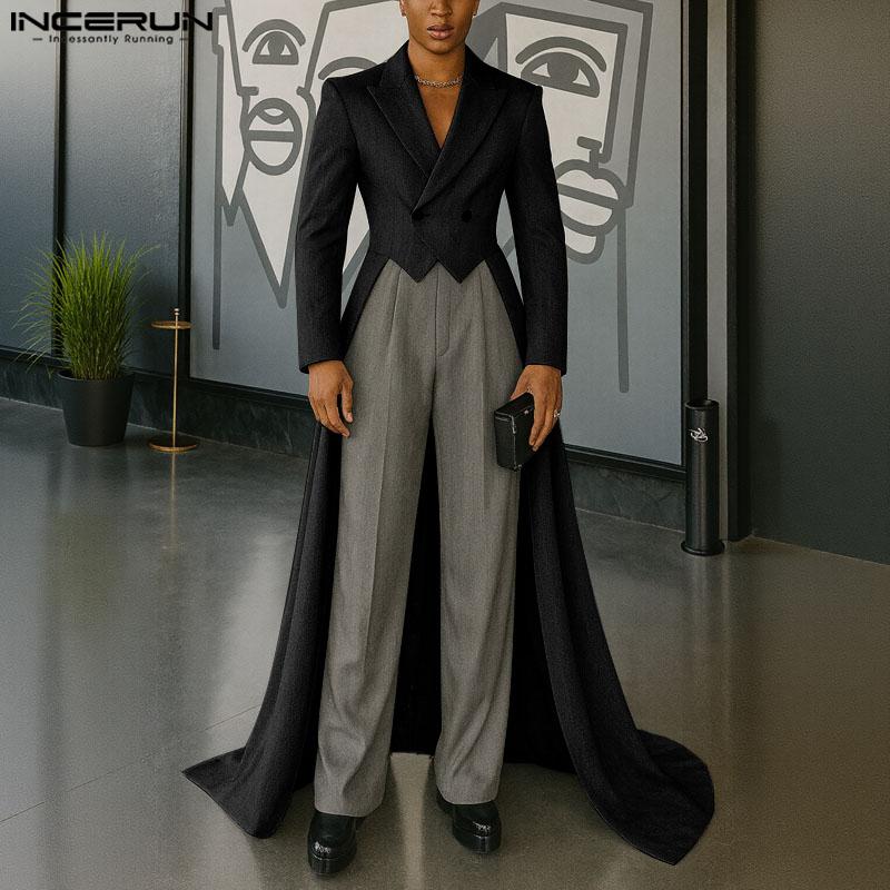 INCERUN Men Peak Lapel Solid Color High Low Irregular Splits Maxi Blazer Coats