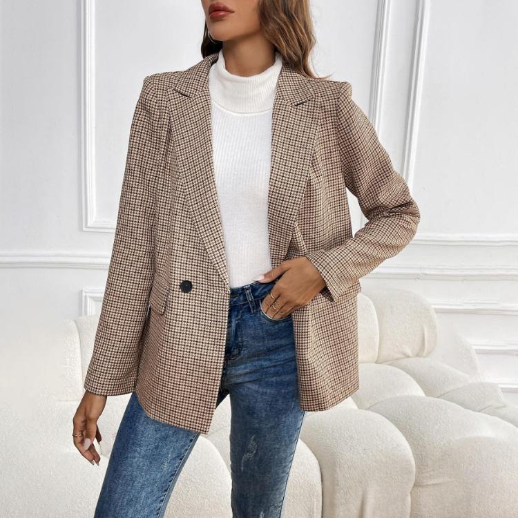 Women Casual Long Sleeve Blazer Suit Autumn Winter Grid Color Commuter Button Temperament
