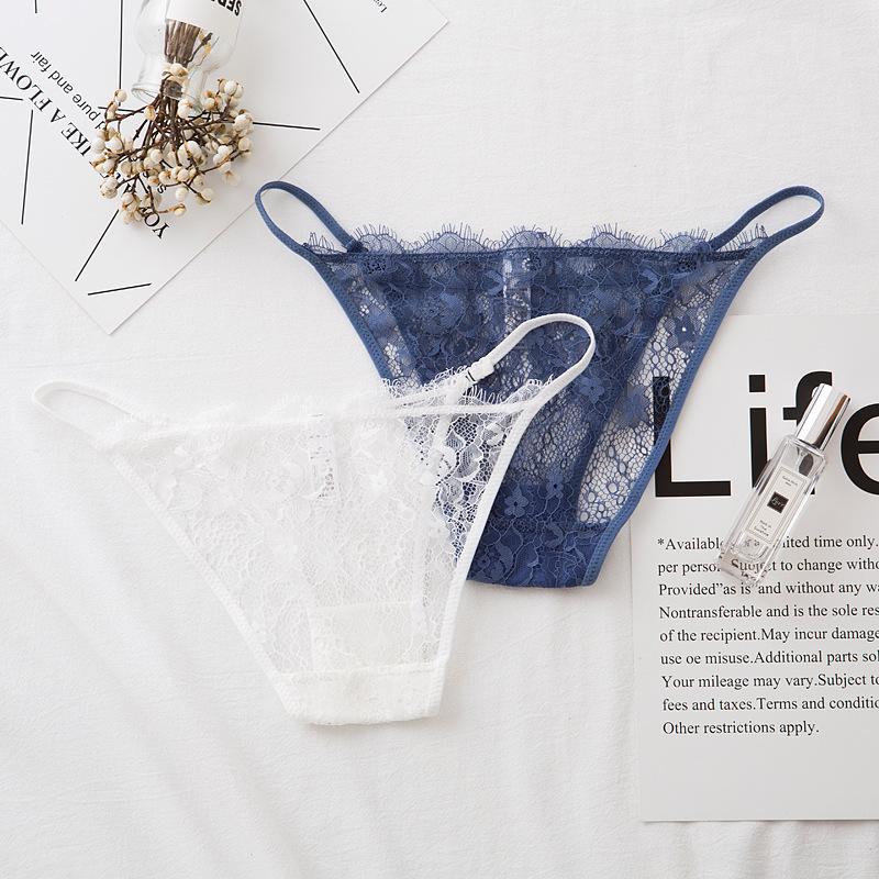 Eyelash Lace Adjustable Strap Transparent Lingerie Panties with Cotton Crotch