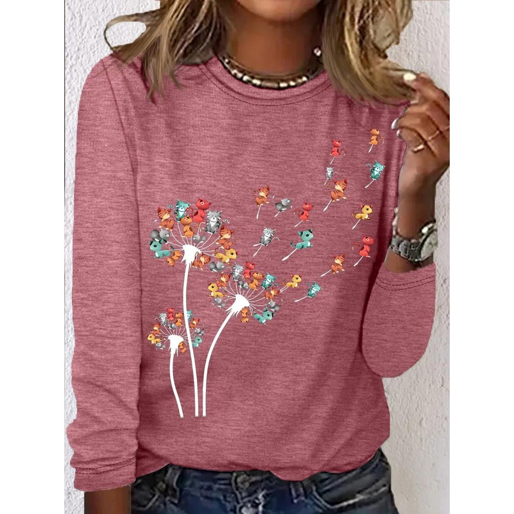 Fun Cat Print Top with Retro Artistic Style Round Neck Long Sleeved Women's T-shirts