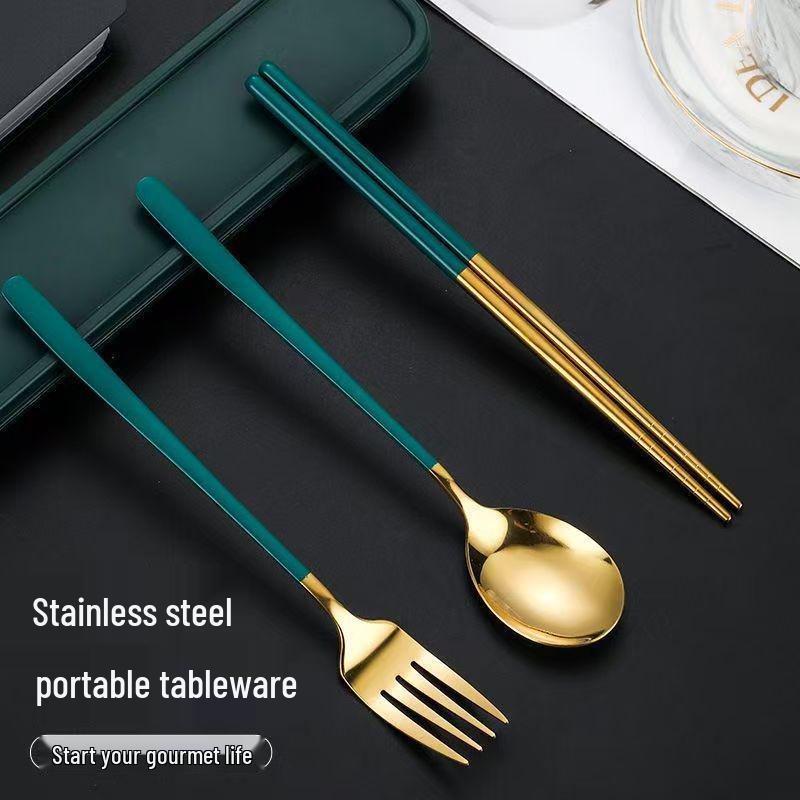 Korean Portable Stainless Steel Cutlery Set: Spoon, Fork & Chopsticks with Travel Box. Custom Logo Option Available.