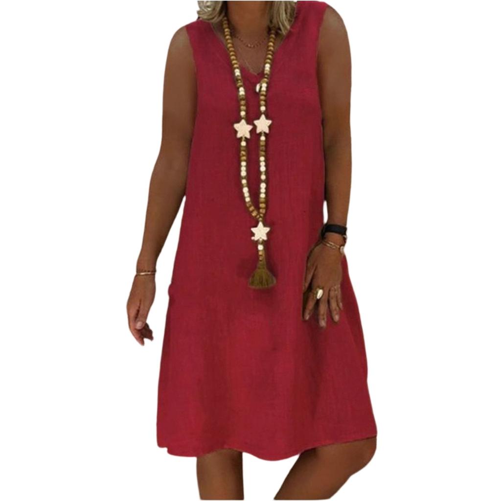 Women's Dresses Color Vintage V-Neck Cotton Sleeveless Vest Dresses