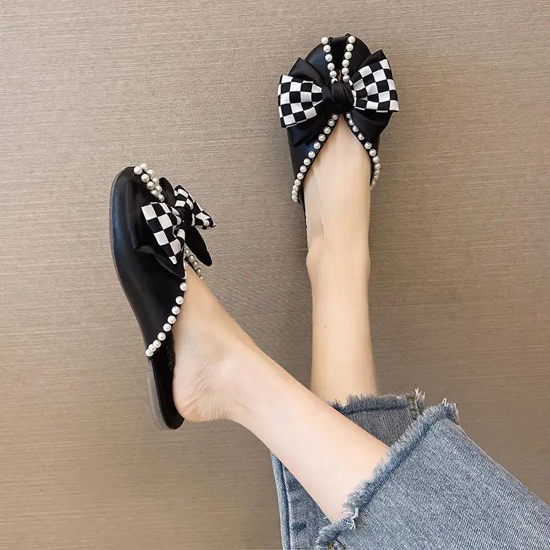 Fashion Closed Toe Half Slippers for Women Summer Wear New Bow Pearl Flat Soft Bottom Peep-Toe Slippers Shoes for Women Zapatos De Mujer