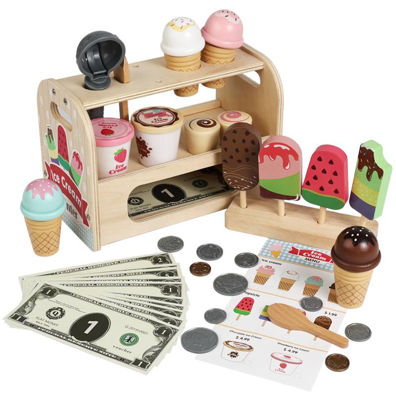 Wooden Ice Cream Counter Playset - Includes Ice Cream Cones Ice Cream Scoop And Toppings Montessori Pretend Play Food Toys Kids