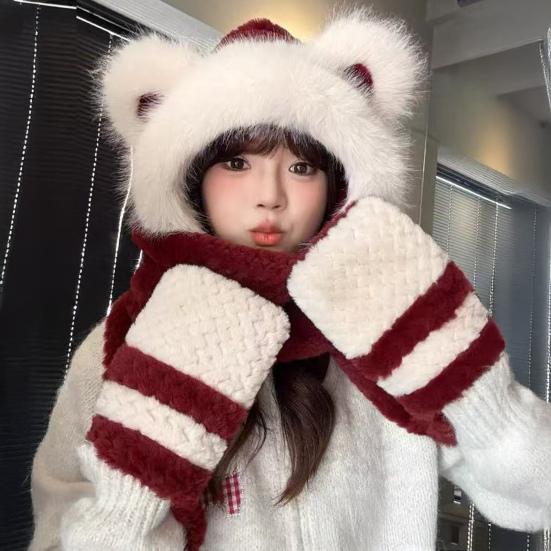 3 in 1 Hat Scarf Gloves Set Bear Ear Decor Thickened Plush Winter Hat Matching Scarf Gloves Function Cold Weather Outfit