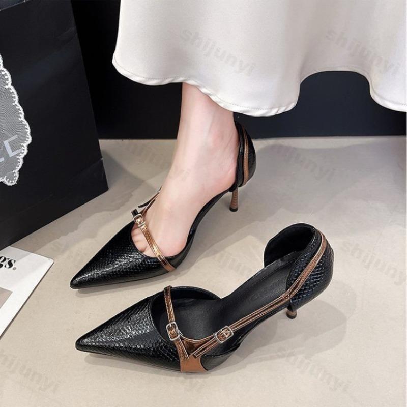 Women's High Heels Sexy Pointed Imitation Snake Pattern Pu Leather Fashion Buckle Strap Stiletto Heels Luxury Versatile Pumps
