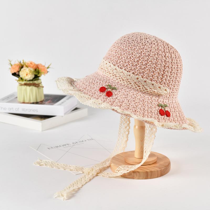 Summer Straw Hat Cherry Embroidered Lace Edge Foldable Sunscreen Lid Seaside Vacation Style Women'S Sunshade Cap