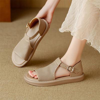Moda Sandalias de Verano de Cuero Dividido Nuevas Punta Redonda Tacón Bajo Sandalias Romanas para Mujer Moda Calzado Plano Hueco Zapatos Concisos para Mujer