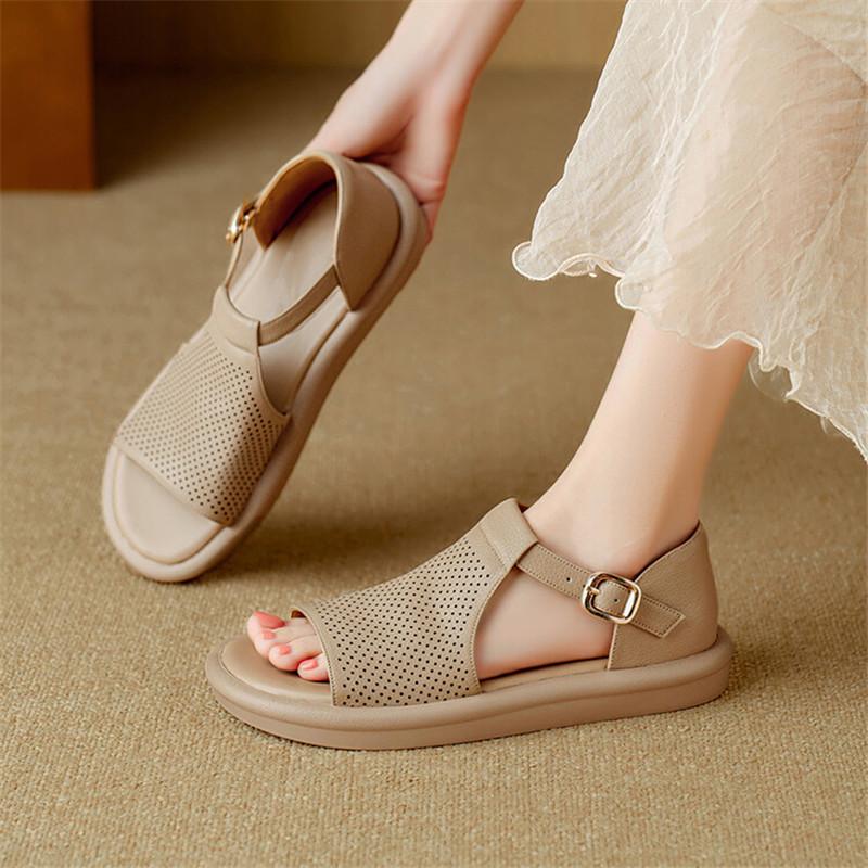 Fashion New Split Leather Summer Sandals Round Toe Low Heel Roman Sandals for Women Fashion Hollow Out Flat Shoes Concise Ladies Shoes