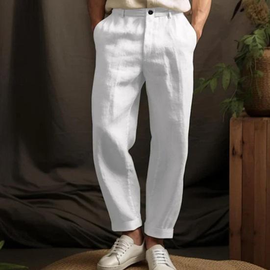 Heren Broek Middelhoge Taille Knop Rits Sluiting Casual Broek met Zakken Effen Kleur Losse Pasvorm Lichtgewicht Ademende Broek