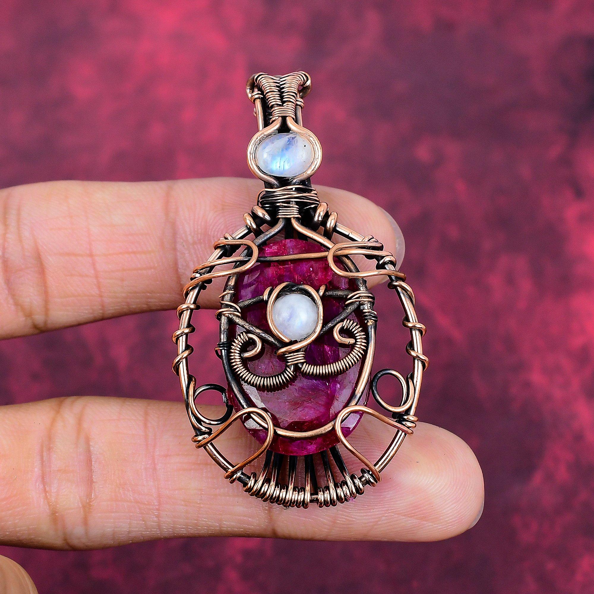 Evil Eye Faceted Kashmir Ruby Pendant Copper Wire Wrapped Gemstone Jewelry