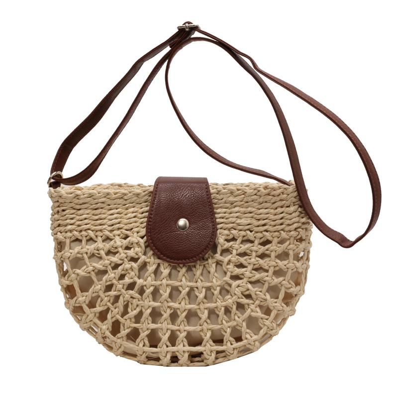 

Summer Hollow Out Straw Woven Crossbody Saddle Bag Casual Leather Flap Strap Crossbody Bags Half-Moon Beach Rattan Shoulder Bag бежевый