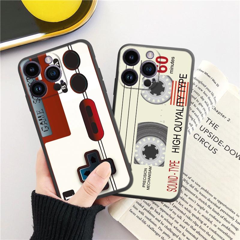 Módní, vtipná, měkká pouzdra na telefon s retro vzorem pro iPhone 15 Pro 6 14 XS 13 Max XR 12 Mini 7 Plus X SE 8 11 TPU nárazuvzdorný černý kryt