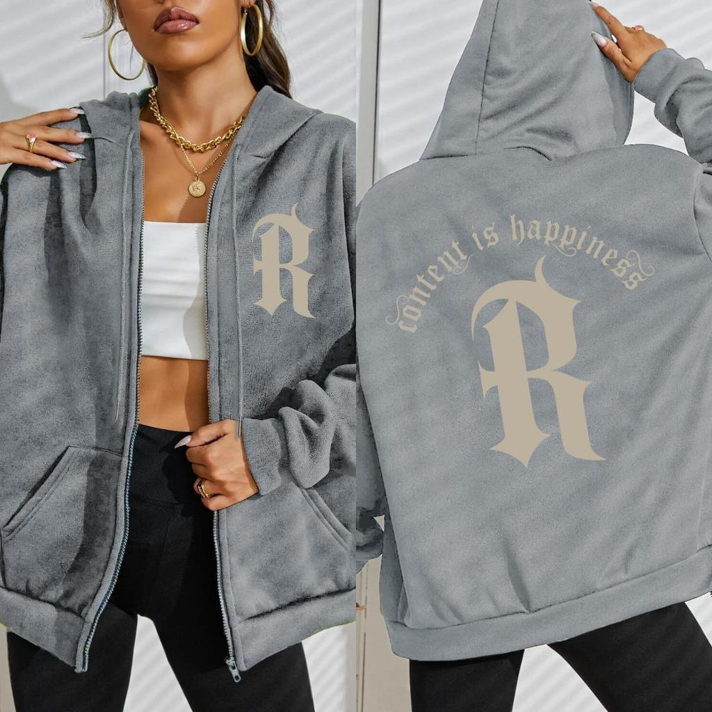 Content Is Happiness Letter R Pattern Zipper Hoodie Woman Fashion Casual Hoodies Loose Multicolor Hoody Clothes