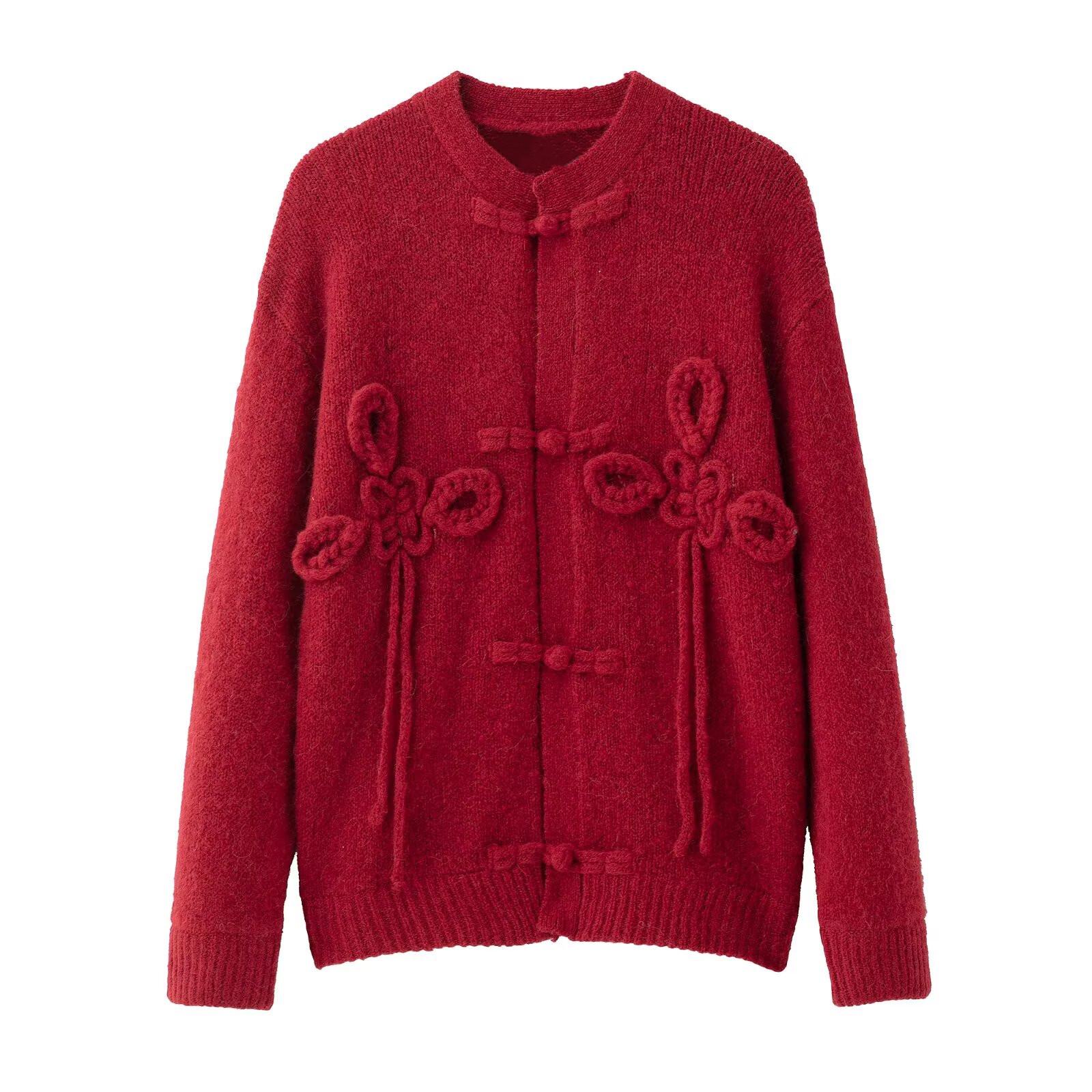 

2025 Spring Women s Versatile Round Neck Long Sleeve Button-Knit Cardigan S темно-красного