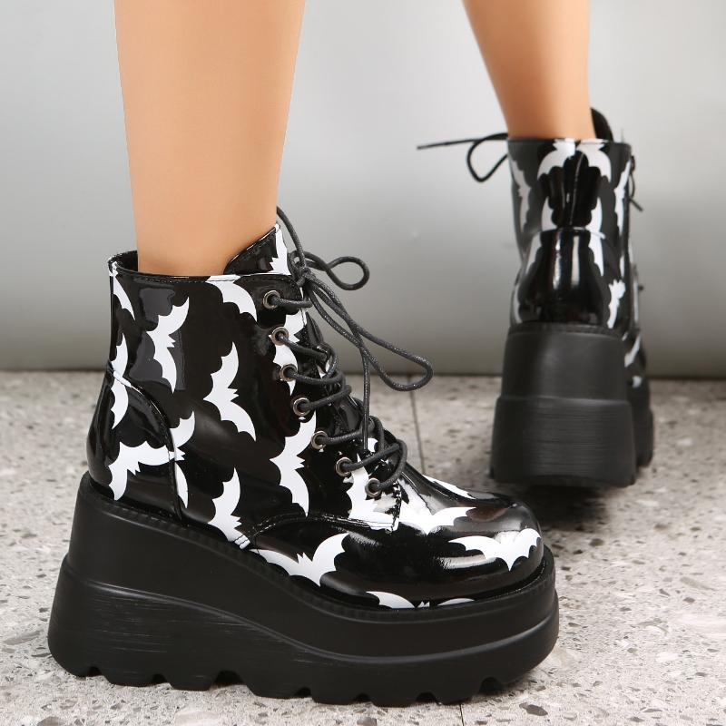 New Women's Boots Sponge Cake Thick Soled Patent Leather Short Boots Women's Printed Bat Ankle Boots Plus Size 35-43