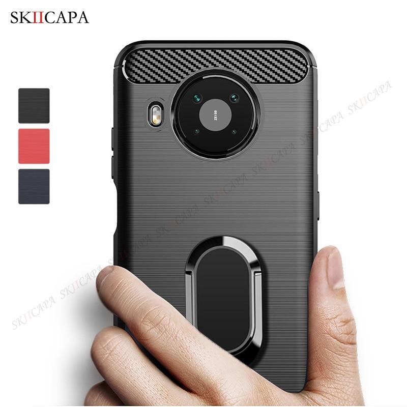 Brushed Carbon Fiber Shockproof Phone Case for Nokia X10 X20 G10 G20 5.4 3.4 2.4 1.3 8.3 5G Magnetic Ring Stand Soft Silicone Phone Protective Cover
