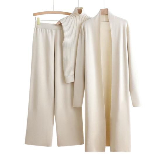 Women's Piece Cardigan Knit Lounge Set 3 Elastic Waist Wide Leg