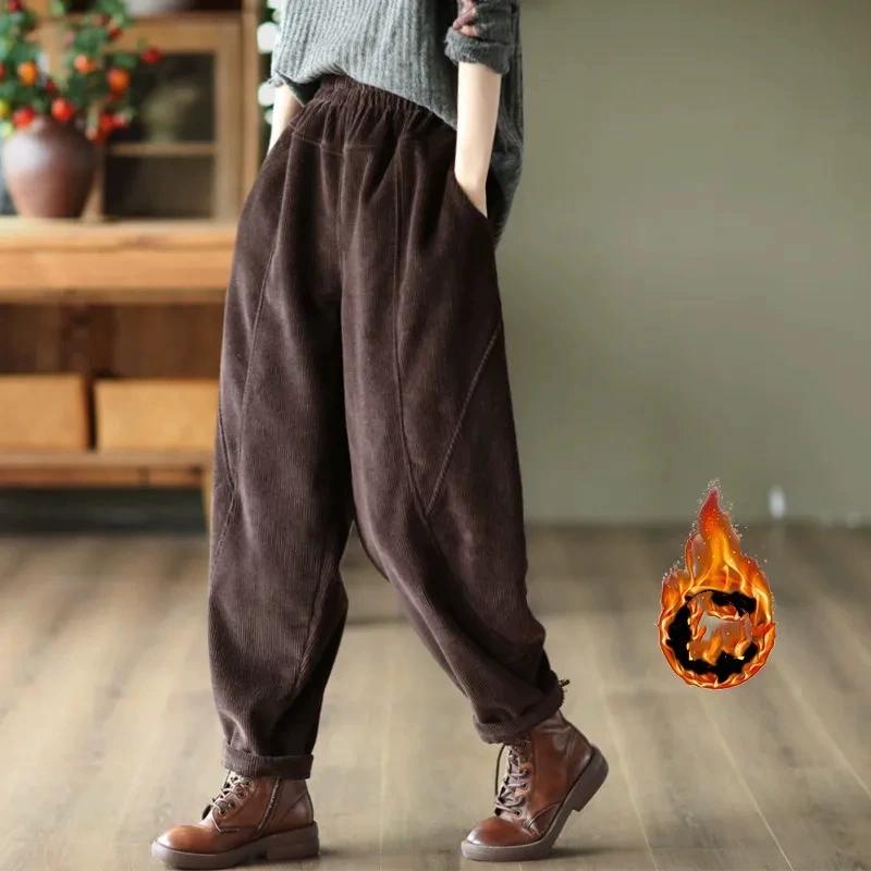 Women's Autumn Winter Vintage Ankle-length Jogger Fashion Trousers Pants Casual High Waist Women Corduroy Baggy Harem Plus Size