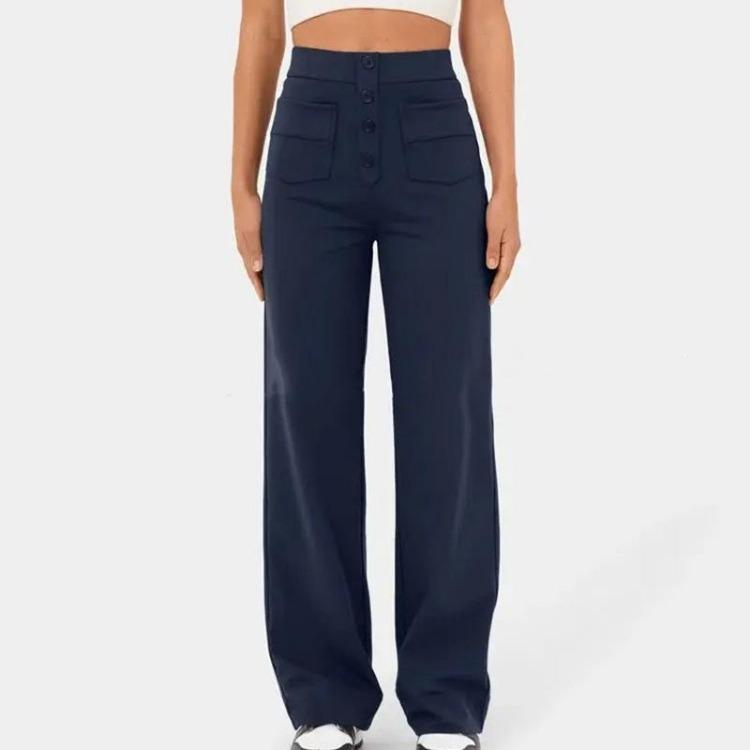 New Women High Waist Casual Straight Pants with Pockets European American Fashion Elastic Waist Button