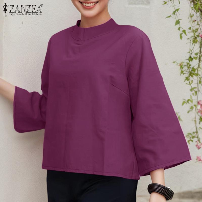 ZANZEA Women Stand Collar Loose Casual Long Sleeve Blouse