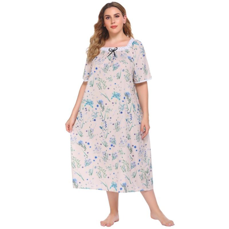 Camisola feminina de verão, tamanho grande, pijama, renda, manga curta, estampada