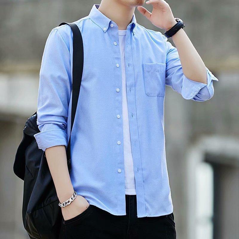 New Men's Long Sleeve Shirt Men's Oxford Casual Shirt Men's Slim Korean Solid Color Shirt