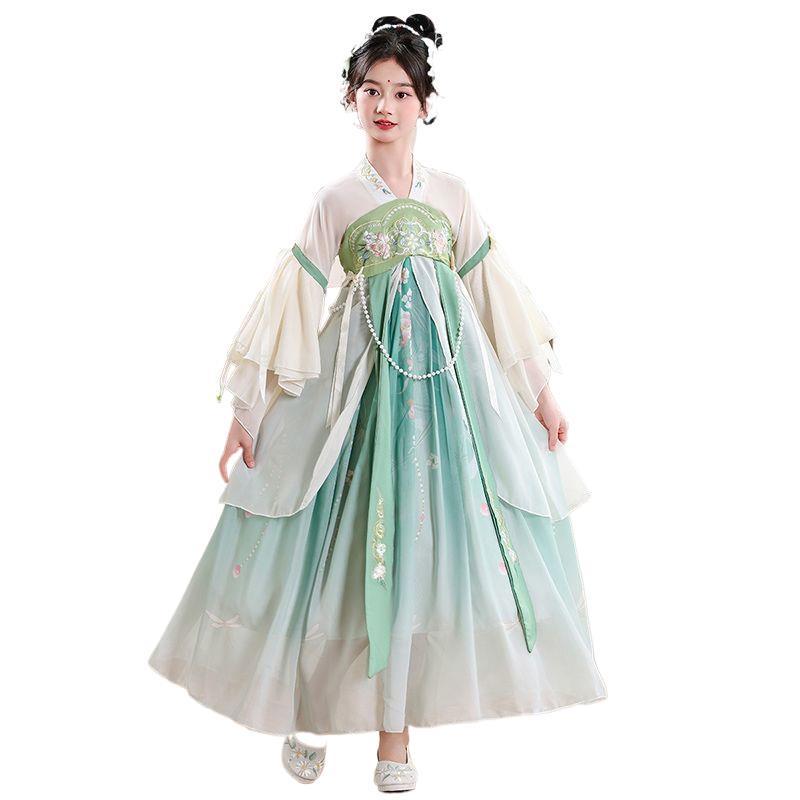 Green Hanfu Girl's Spring Autumn Ancient Style Chinese Tang Suit Fairy Dress