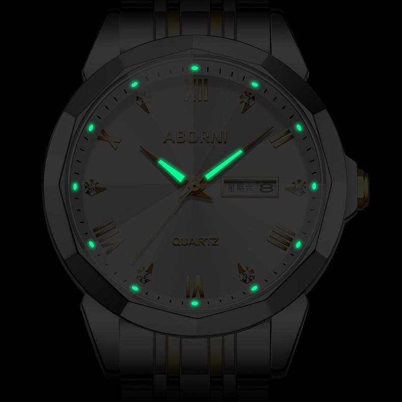 ABORNI Men's Watches Business Double Calendar Wristwatch Fashion Diamond Diamond-cut Mirror Steel Quartz Men's Watches