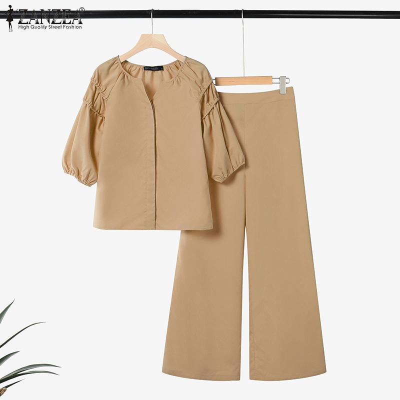 ZANZEA Damen Halbarm Bluse und Hose Sommer Zweiteiler Anzugsets