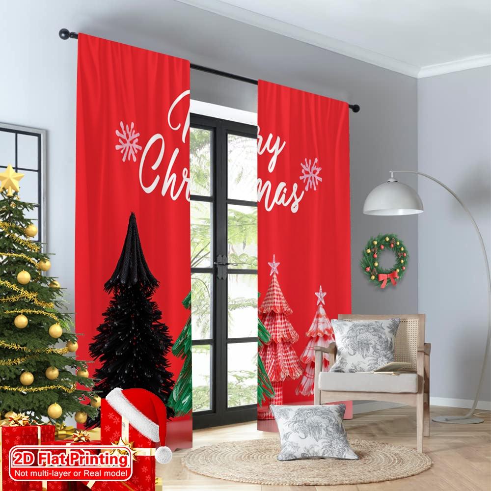 2pcs 2D Flat Printing Merry Christmas Popular Window Curtains Merry Christmas Trees Buffalo Plaid 100% Polyester Fabric Without